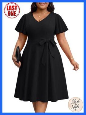 Plus Size V-Neck Ruffle Sleeve Knee Length Dress with Pockets